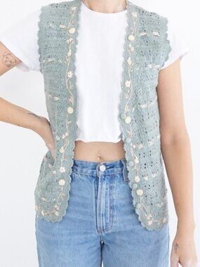 Vintage Koret Blue Floral Embroidered Knit Open Front Vest Cottagecore Petite P